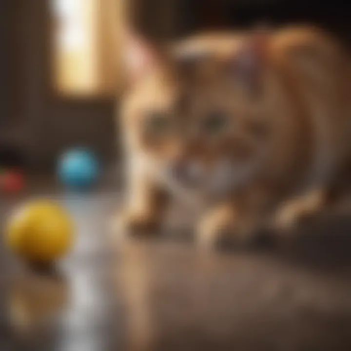 A cat exploring a variety of colorful ball toys