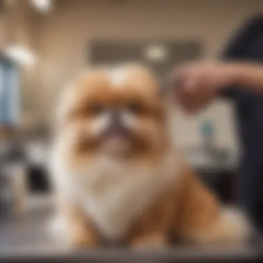 Small long-haired dog breed getting pampered at the grooming salon