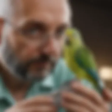 Parakeet owner reviewing vet bill with a magnifying glass