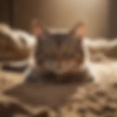 Cat peacefully resting on sandy cat litter