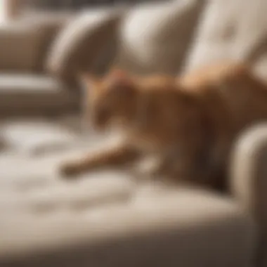 Cat owner applying protective cover on couch