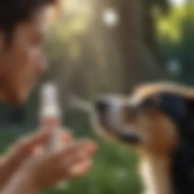 Close-up of pet owner spraying anti-itch solution