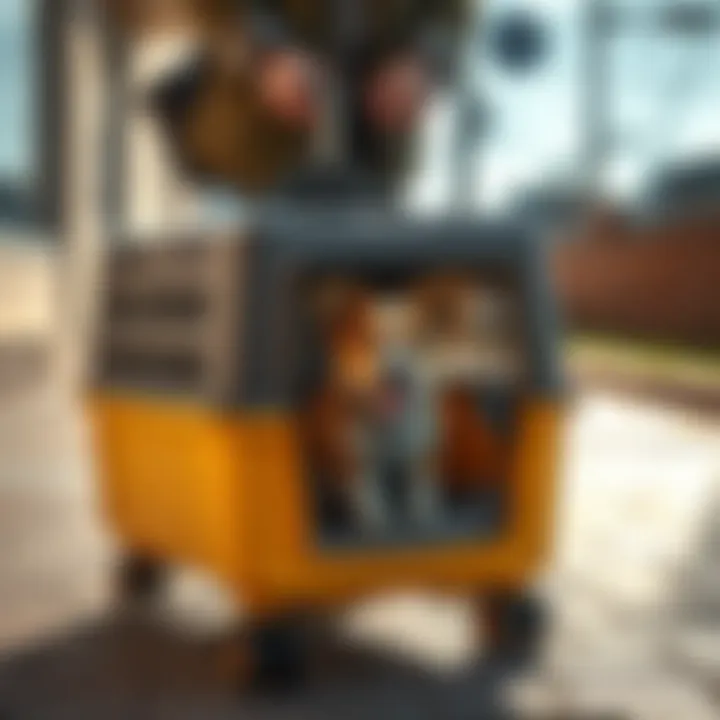 Pet owner effortlessly transporting a crate with wheels