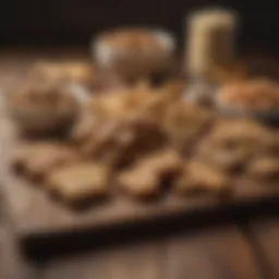 A variety of dog treats arranged on a wooden surface, showcasing different shapes and sizes.