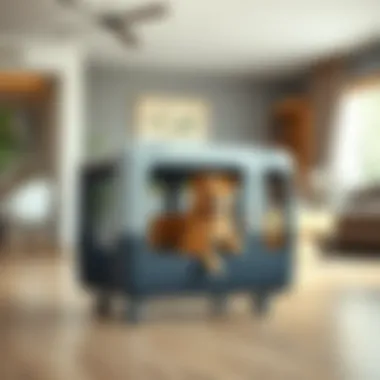 Plastic dog crate with wheels in a modern living space