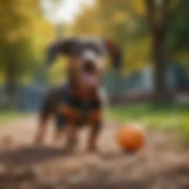 Dachshund playing with a ball in a sunny park