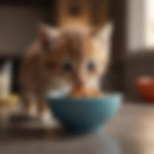 Adorable kitten eating from a small bowl