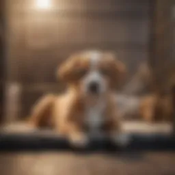 Puppy dog resting comfortably in a spacious cage