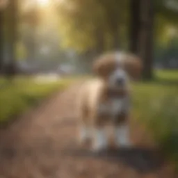 Puppy on a leash in a park