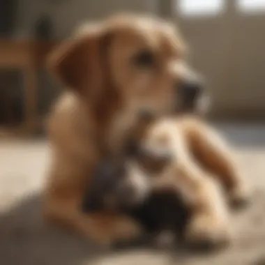 Mother gently guiding puppy during nursing