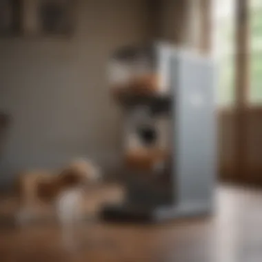 Puppy receiving treats from automated dispenser