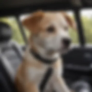 Owner securing puppy with seat belt in car