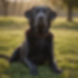 Elderly Labrador Retriever sitting alone on a grassy field
