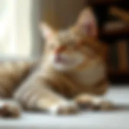 A cat showing signs of discomfort while lying down