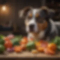 Healthy dog enjoying a variety of colorful vegetables