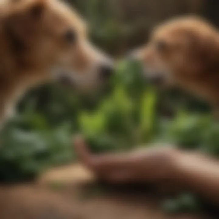 Dog owner hand feeding dog a leafy green vegetable