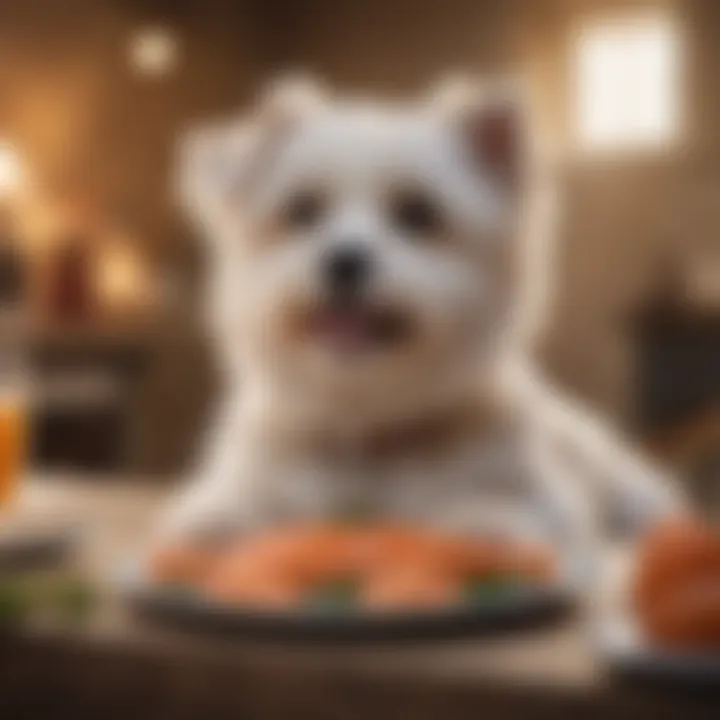 Maltese Dog with a Plate of Salmon