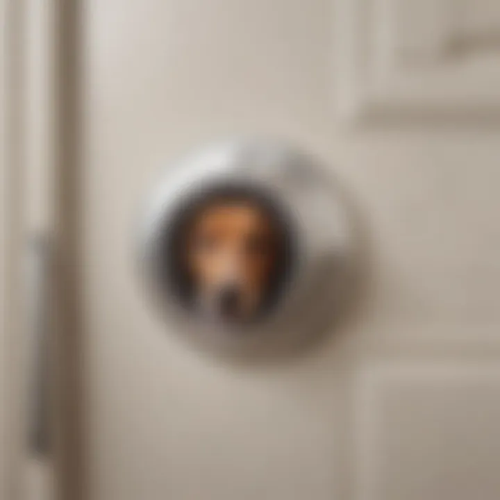 Close-up of the secure locking mechanism on a screen door with a dog door