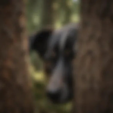 Dog Hiding Behind a Tree in Fear A dog hiding behind a tree with a worried expression