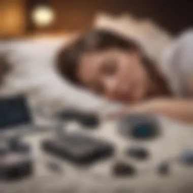 Illustration of a person surrounded by various sleep trackers and gadgets