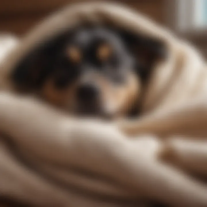 Sleepy dog cuddled up with a cozy blanket