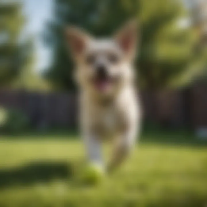 Happy small dog with tennis ball launcher in backyard