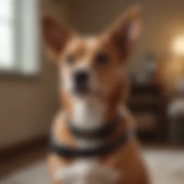 Small dog peacefully wearing bark collar indoors