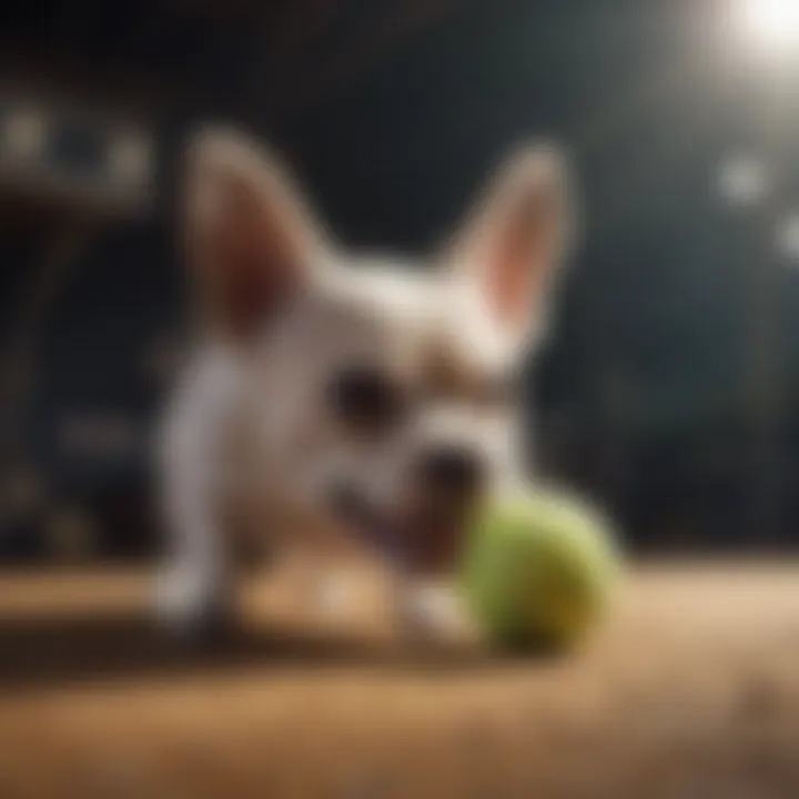 Close-up of small dog interacting with tennis ball launcher