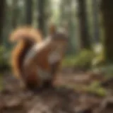 Squirrel foraging for pellets in lush forest