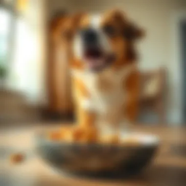 Eager Dog at Mealtime A dog eagerly approaching a bowl of food with excitement