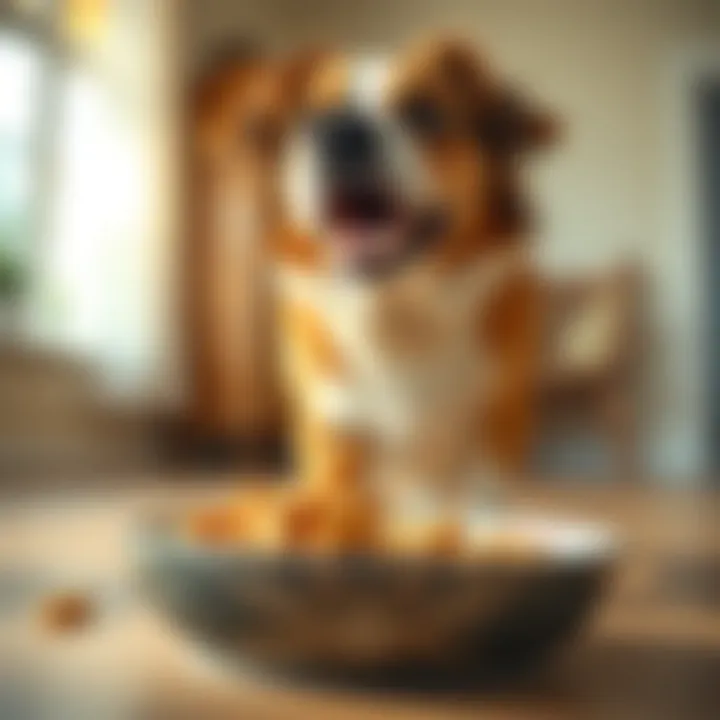 Eager Dog at Mealtime A dog eagerly approaching a bowl of food with excitement