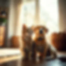 A serene moment between a cat and a dog sitting together in a sunlit room