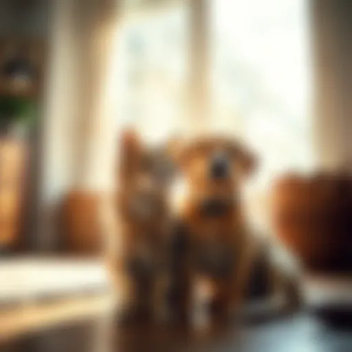 A serene moment between a cat and a dog sitting together in a sunlit room