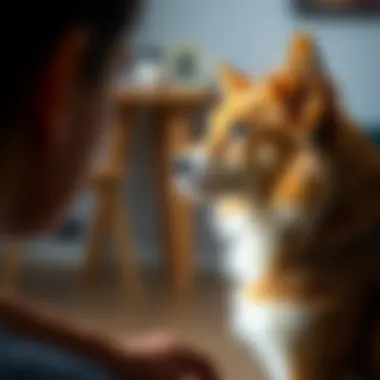 Thoughtful Introduction A pet owner introducing a cat to a dog in a controlled environment