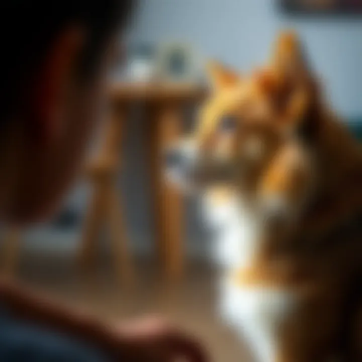 Thoughtful Introduction A pet owner introducing a cat to a dog in a controlled environment