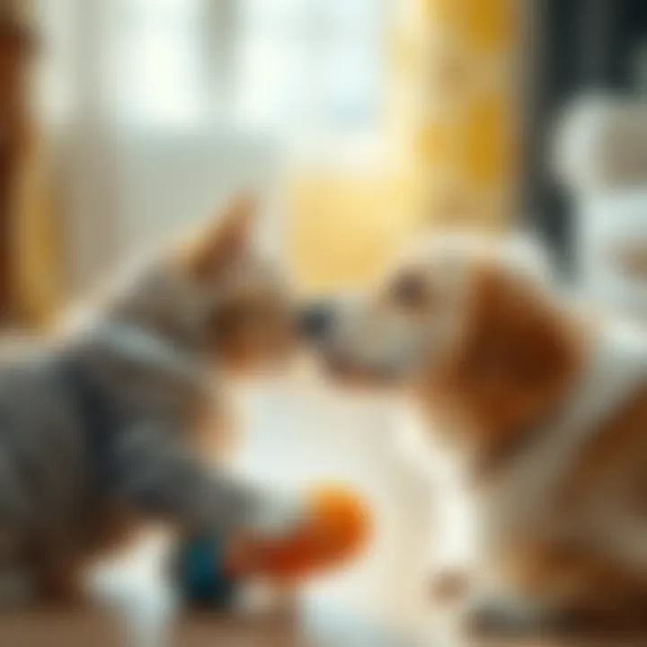 Playful Companionship A playful interaction between a cat and a dog engaging with a toy