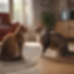 Two cats peacefully interacting in a cozy living room.