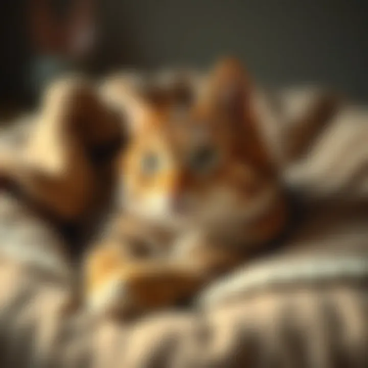 A cat resting in a cozy bed with behavioral cues visible