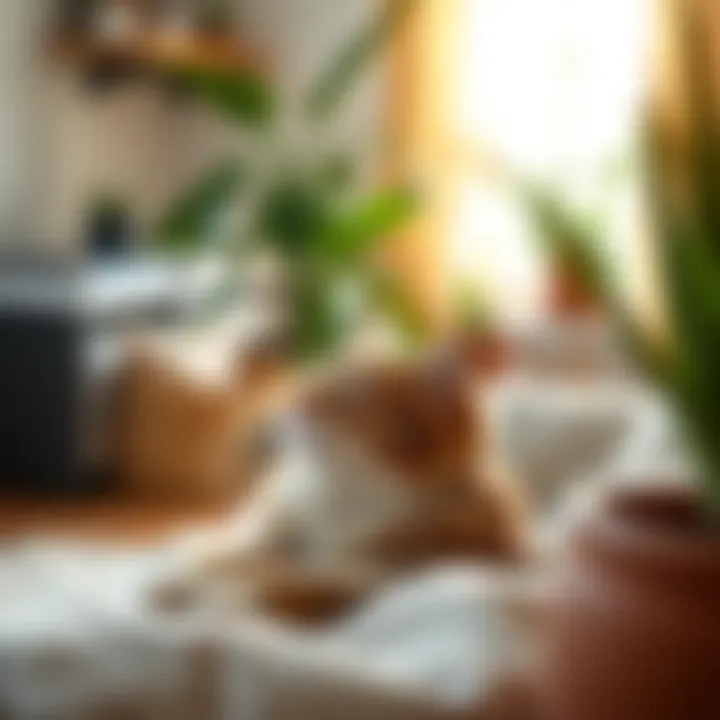 A serene home environment with a cat relaxing