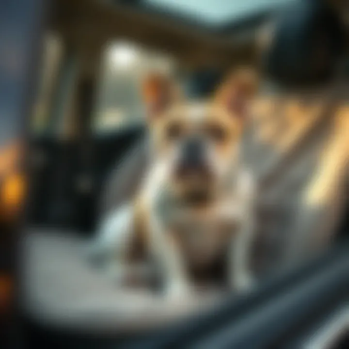 Stylish Seat Cover with Bulldog A stylish car interior showcasing a bulldog sitting on a chic seat cover.