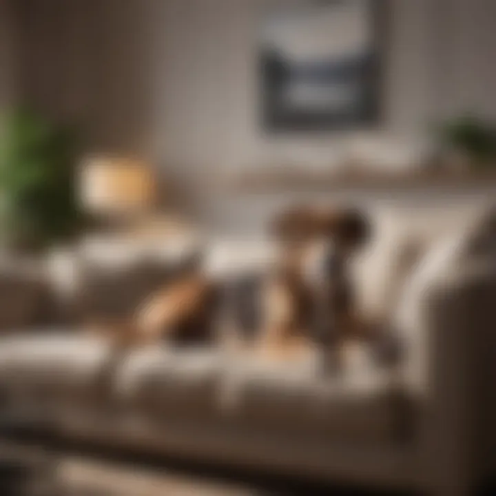 Stylish living room setting with dog on polyester couch