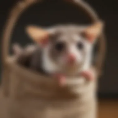 A sugar glider peeking out from a secure carrying pouch