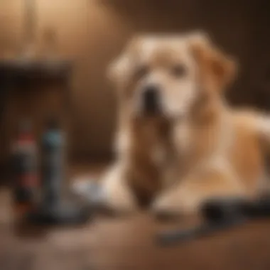 Grooming tools arranged neatly next to a well-groomed dog