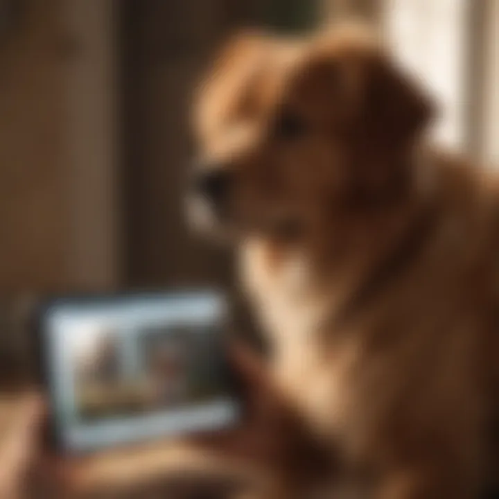 A joyful pet owner watching their pet remotely via a smartphone