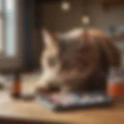 An array of cat medications displayed on a wooden table.