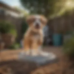 A trained dog in a backyard demonstrating successful potty training