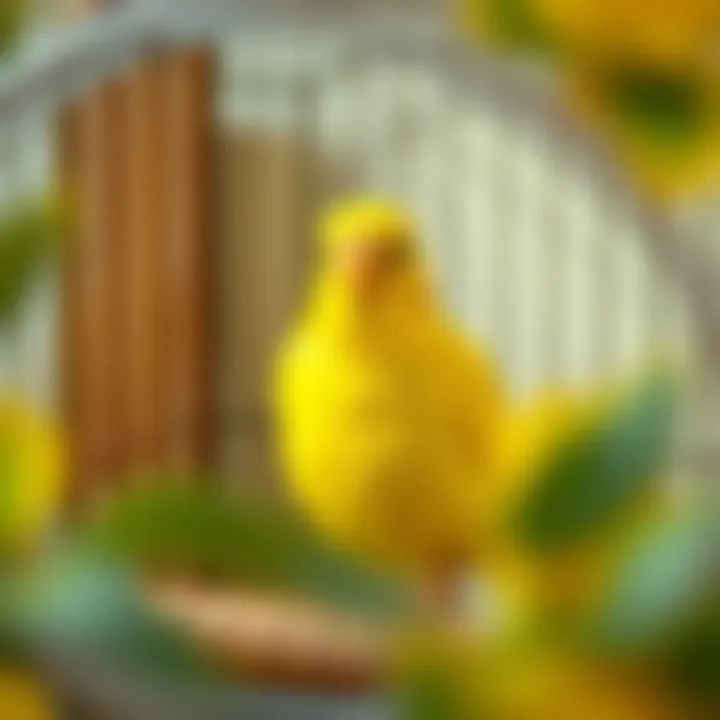 Delightful Canary: Joy in Simplicity A serene setting with a canary in a cozy cage