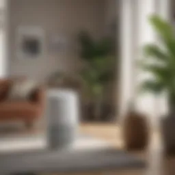 A sleek air purifier in a stylish living room environment