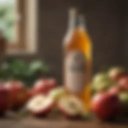 Apple cider vinegar in a glass bottle surrounded by fresh apples