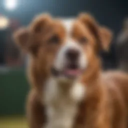 A detailed view of various dog breeds on display at a prestigious dog show